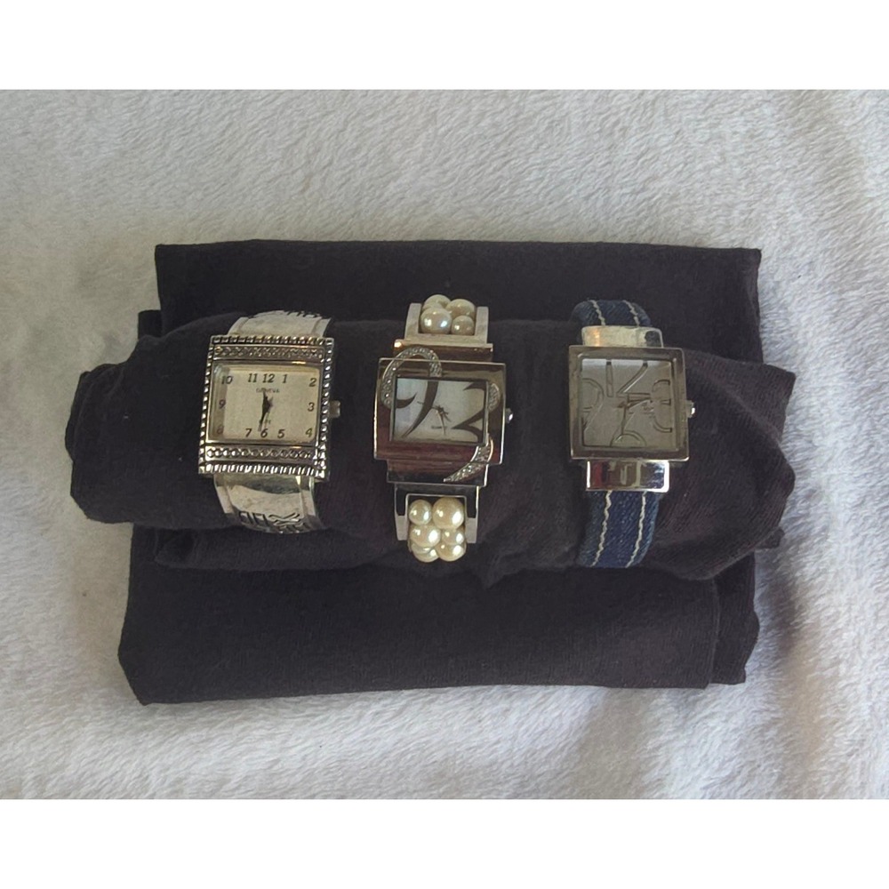 Vintage Geneva Elite Avon Pearl & Charming Charlie Denim Watch Bundle Set of 3